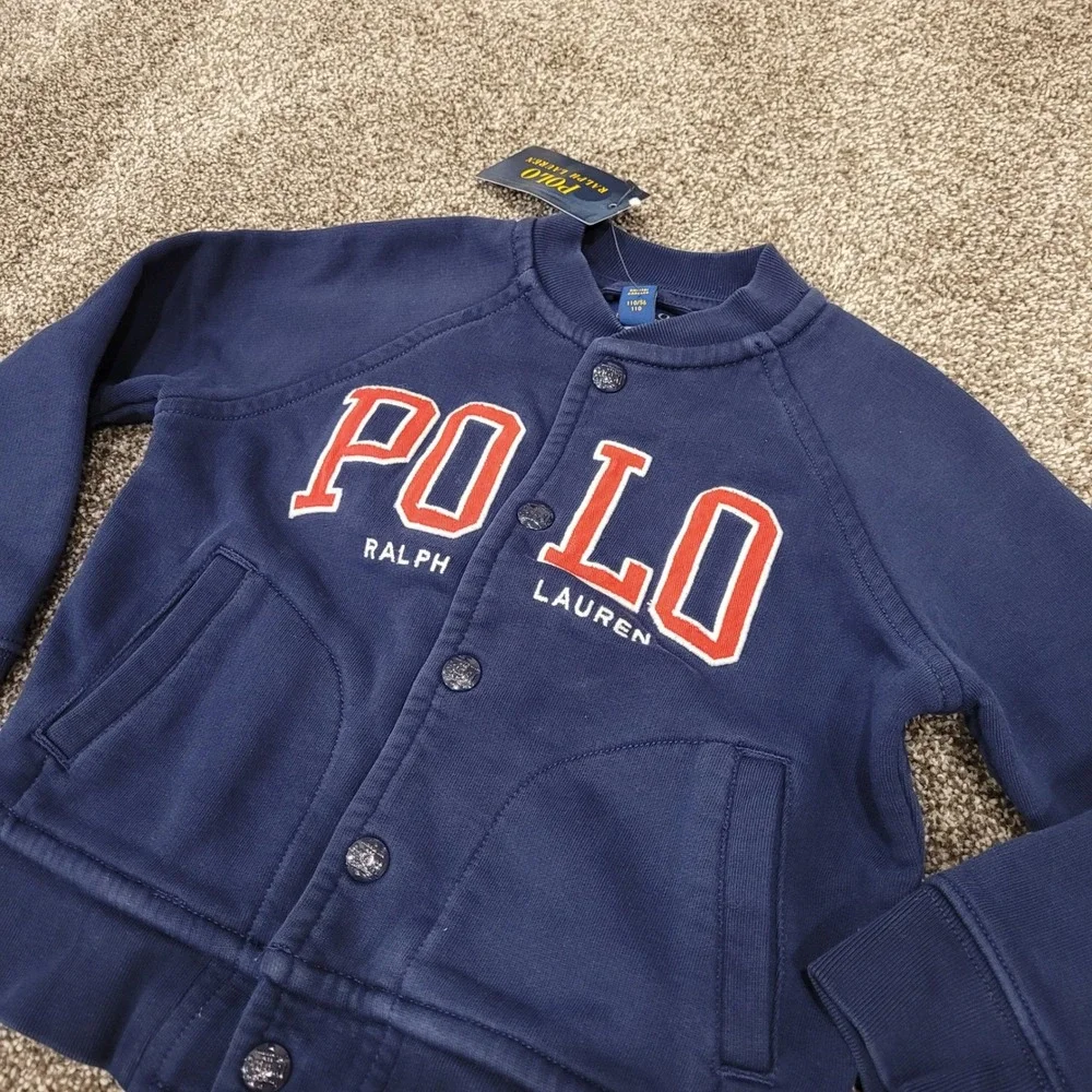 Polo Ralph Lauren Kids Navy Blue Varsity Logo Bomber Snap Sweatshirt Jacket 4T